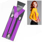 Purple adjustable suspenders with round center patch and silver metal clips