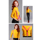 Yellow stretch-knit top with pink adjustable shoulder strap clips at the chest