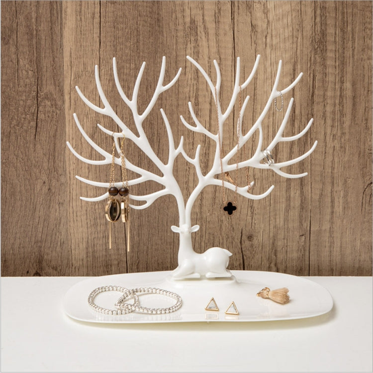 White antler jewelry organizer display with hooks and flat tray for rings and accessories