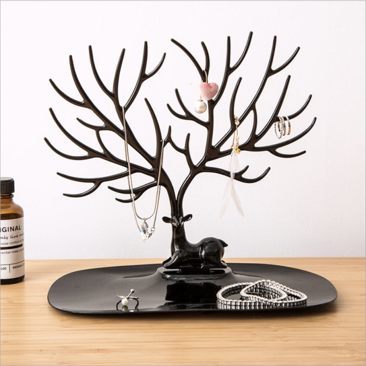 Black antler-shaped jewelry storage organizer with hanging hooks and tray base