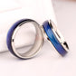 Color-changing mood ring set, silver-tone bands with blue inner stripe and open view