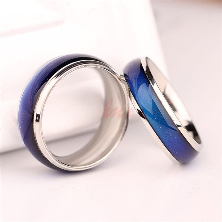 Color-changing mood ring set, silver-tone bands with blue inner stripe and open view