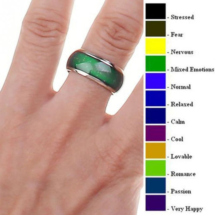 Color-changing mood ring on finger, green gradient band with silver border