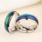 Side view of color-changing mood ring set, silver-tone bands with blue and green gradients