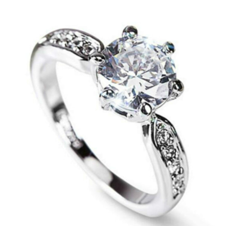 White gold six-prong crystal engagement ring with split band