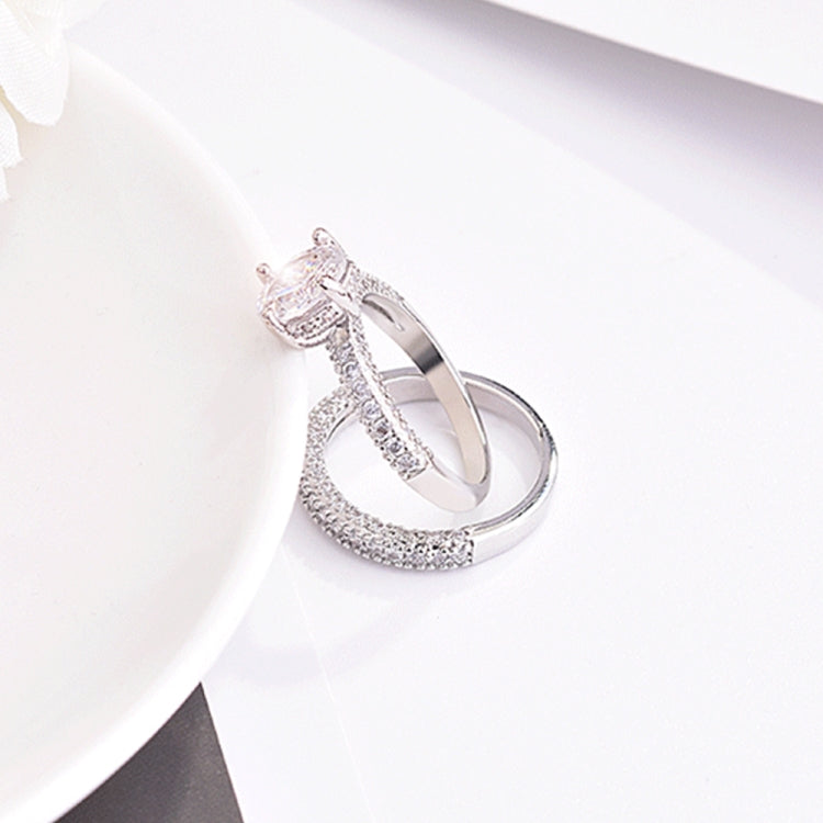 Double-row cubic zirconia wedding engagement ring set with silver-tone bands