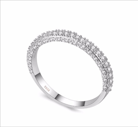 Double-row cubic zirconia wedding ring in silver-tone metal