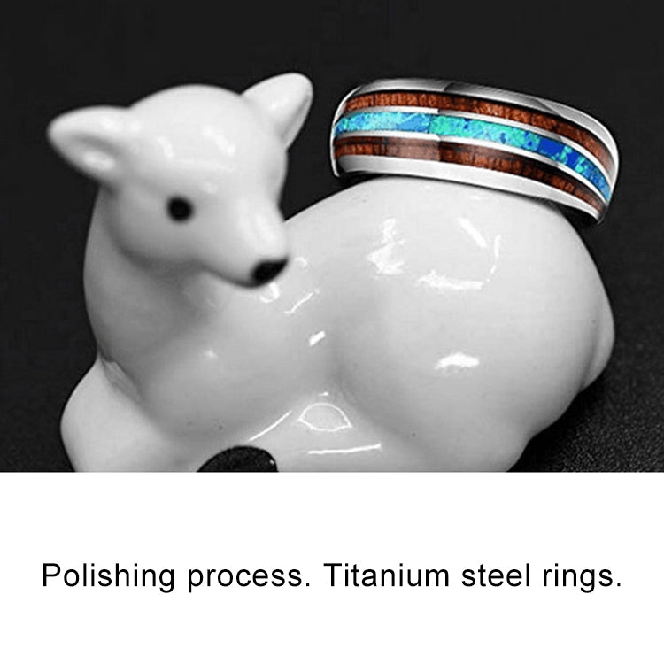 Metal ring with multicolor inlay and brown stripe, side view with shiny finish