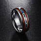 Angled view of metal ring with brown stripe and colorful opal-like inlay