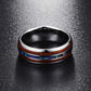 Top view of metal ring with multicolor inlay and brown outer stripe