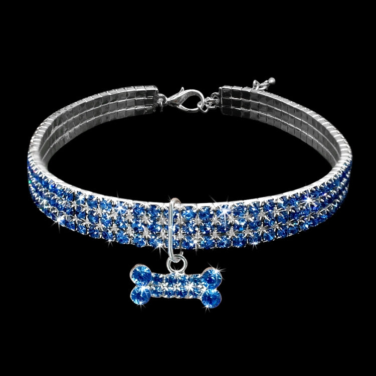 Sparkling blue crystal pet collar with silver metal links and dangling rhinestone dog bone