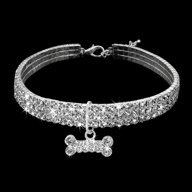 Silver crystal rhinestone dog collar with silver metal clasp and dangling rhinestone bone charm
