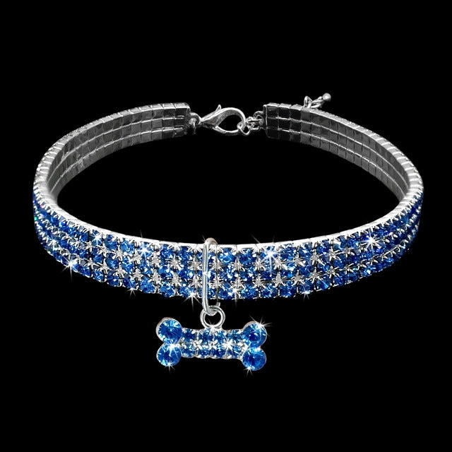 Blue rhinestone collar for small dogs with silver hardware and a dangling crystal bone charm