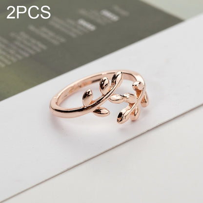 Set of 2 rose gold open adjustable leaf-branch charm rings with leaf details