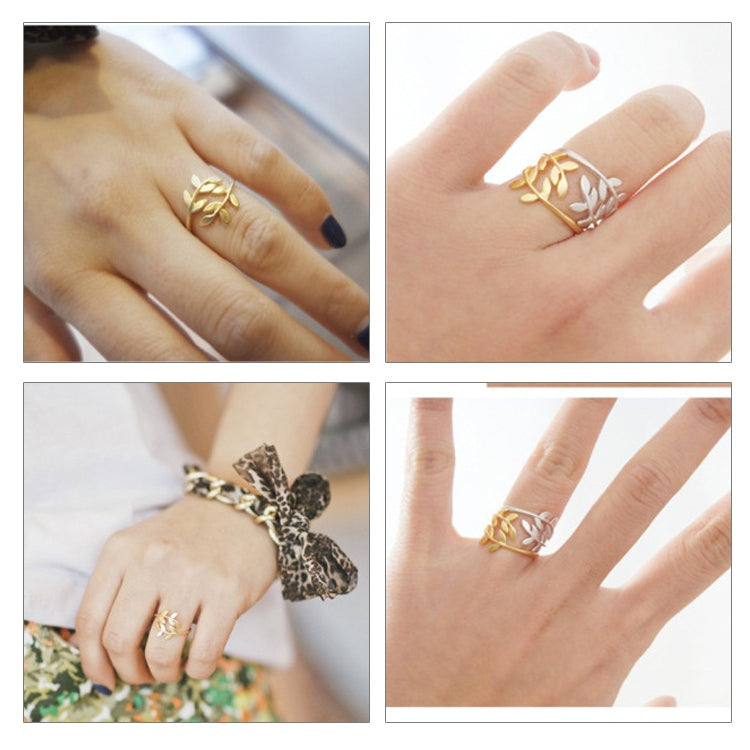 Open leaf-branch adjustable rings on fingers, gold and silver versions