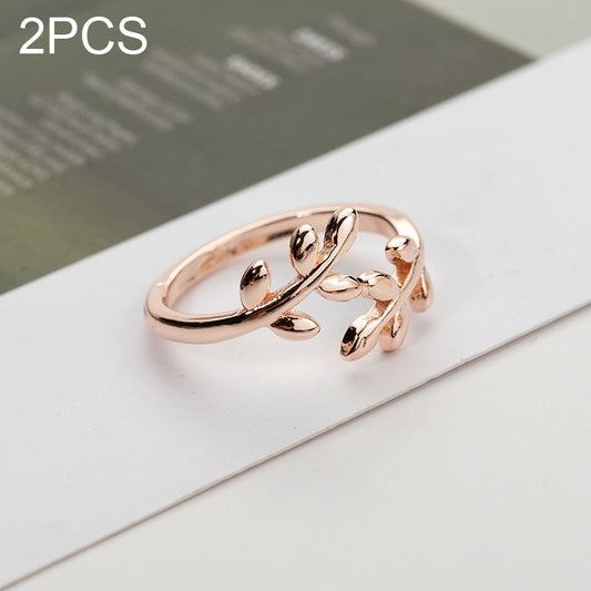 Set of 2 rose gold open adjustable leaf-branch charm rings with leaf details