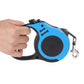 Retractable dog leash in blue with black handle and metal snap hook