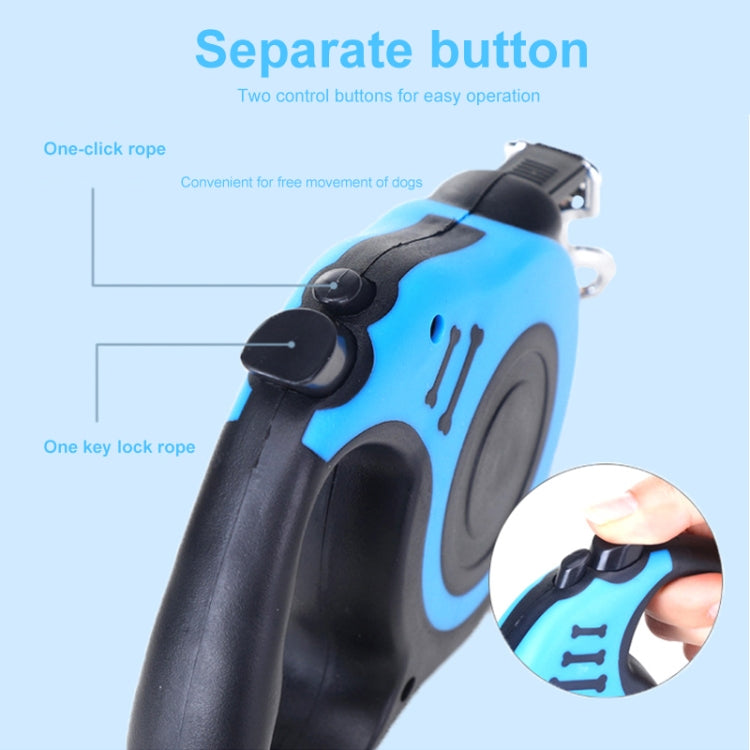 Blue retractable dog leash handle with two control buttons and metal snap hook