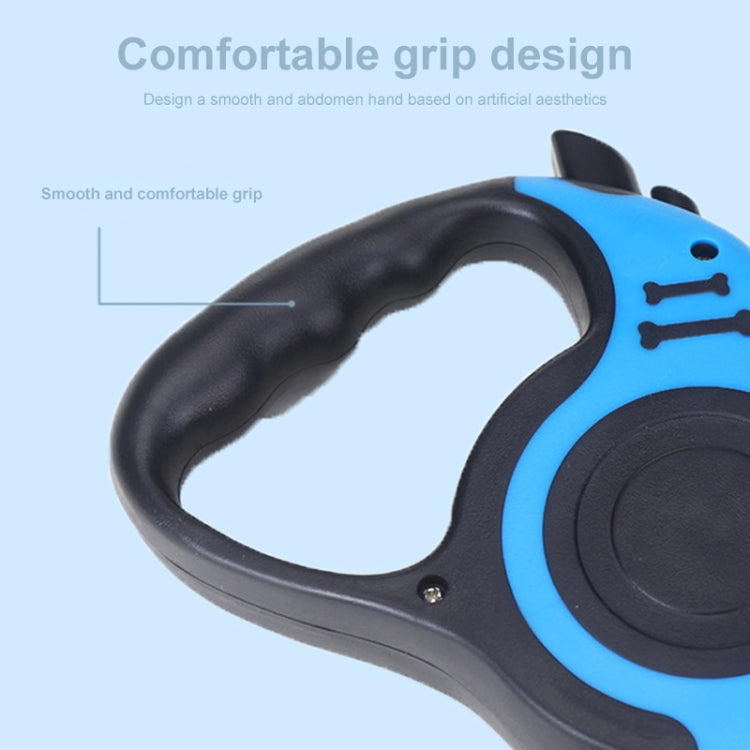 Blue retractable dog leash with black ergonomic handle grip close-up