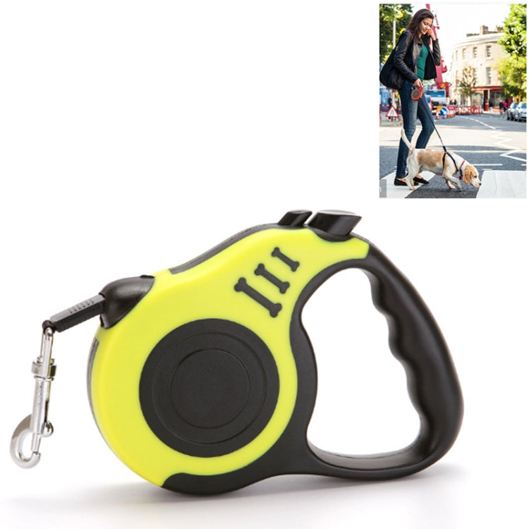 Retractable automatic dog leash with rope and metal hook, yellow shell and black handle