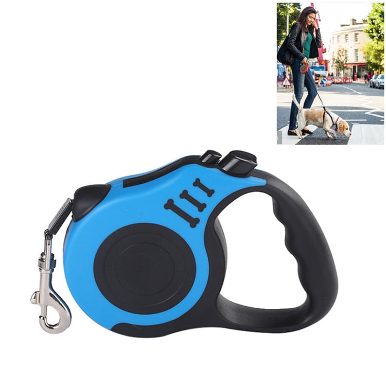 Retractable automatic dog leash with rope and metal hook, blue shell side view