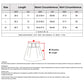 Skirt size chart showing length and waist circumference by size