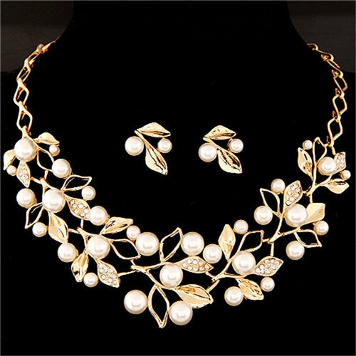 Gold leaf wedding jewelry set with faux pearls, crystal accents, necklace and earrings