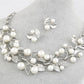 Silver faux-pearl leaf necklace with crystal accents and matching leaf stud earrings