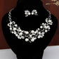 Silver leaf wedding jewelry set with faux pearls, crystal leaf links, necklace and earrings