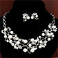 Silver leaf wedding jewelry set with faux pearls, crystal accents, necklace and stud earrings