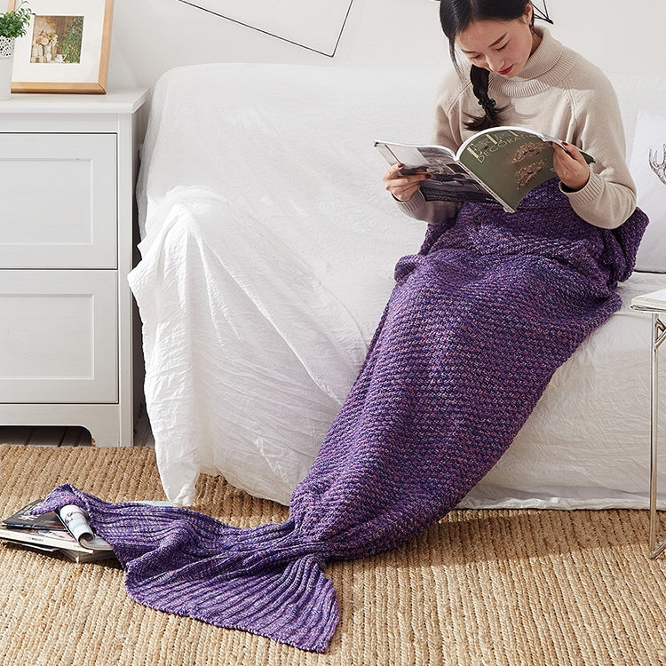 Mermaid tail blanket in purple knit with ruffled fin end
