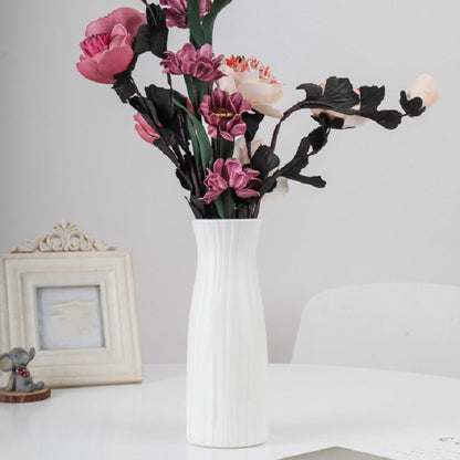 Milk white ribbed plastic vase, tall desktop flower holder, 7.8x20.5cm