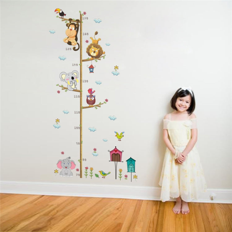 Cartoon animal height measure wall decal with lion, monkey, owl and elephant figures