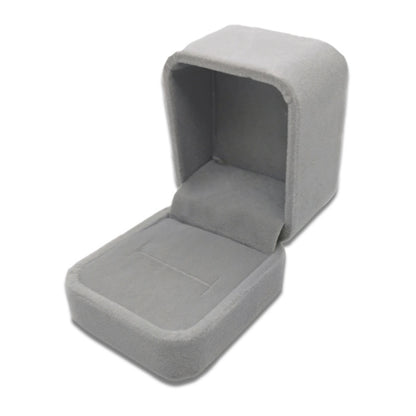Flannel grey jewelry gift box, hinged lid open with padded cushion insert