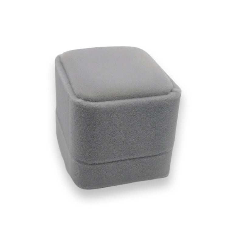 Flannel grey jewelry gift box with padded lid, closed and rounded top