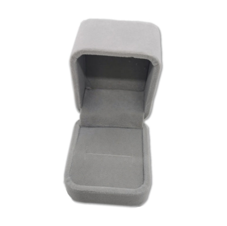 Flannel grey jewelry gift box, open top showing dark interior and cushion
