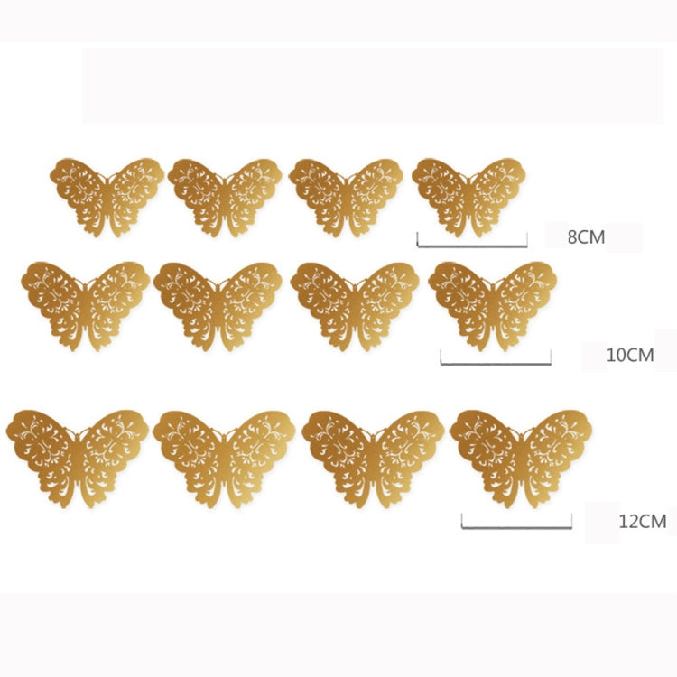 3D hollow butterfly wall stickers in gold, size chart with 8–12 cm