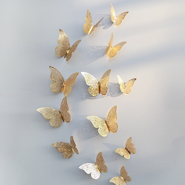 3D hollow butterfly wall stickers in gold and silver, scattered butterflies
