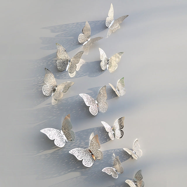 3D hollow butterfly wall stickers in silver, multiple butterfly shapes