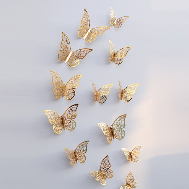 3D hollow butterfly wall stickers, gold openwork butterflies set
