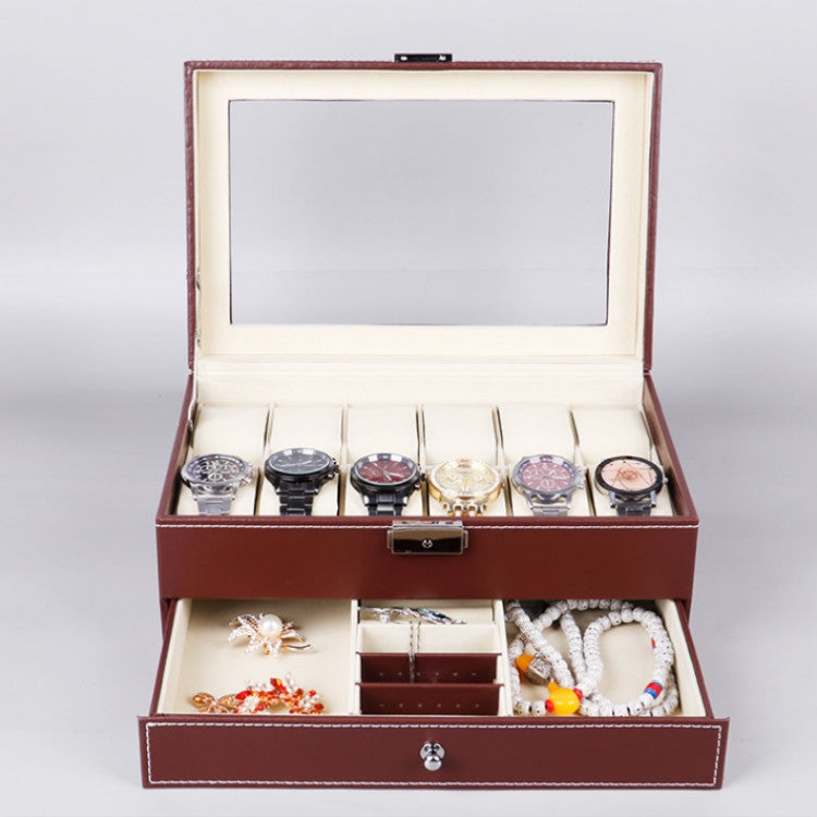 Brown PU watch display box with lid window and two-tier organizer compartments