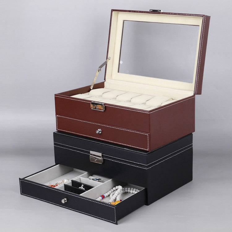 PU watch storage box with brown top, black base, open lid window and watch slots