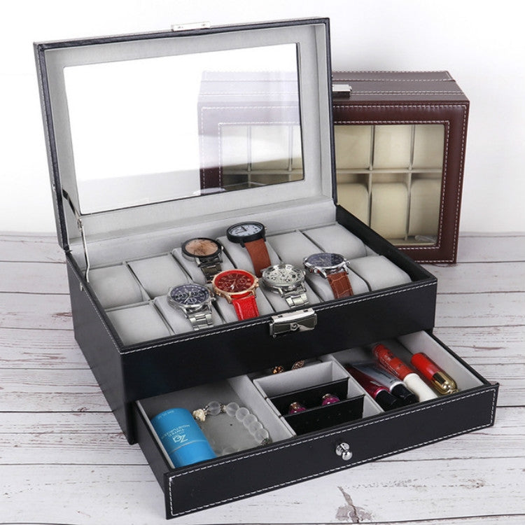 Black PU watch storage box with clear lid, divided drawers, and watch slots