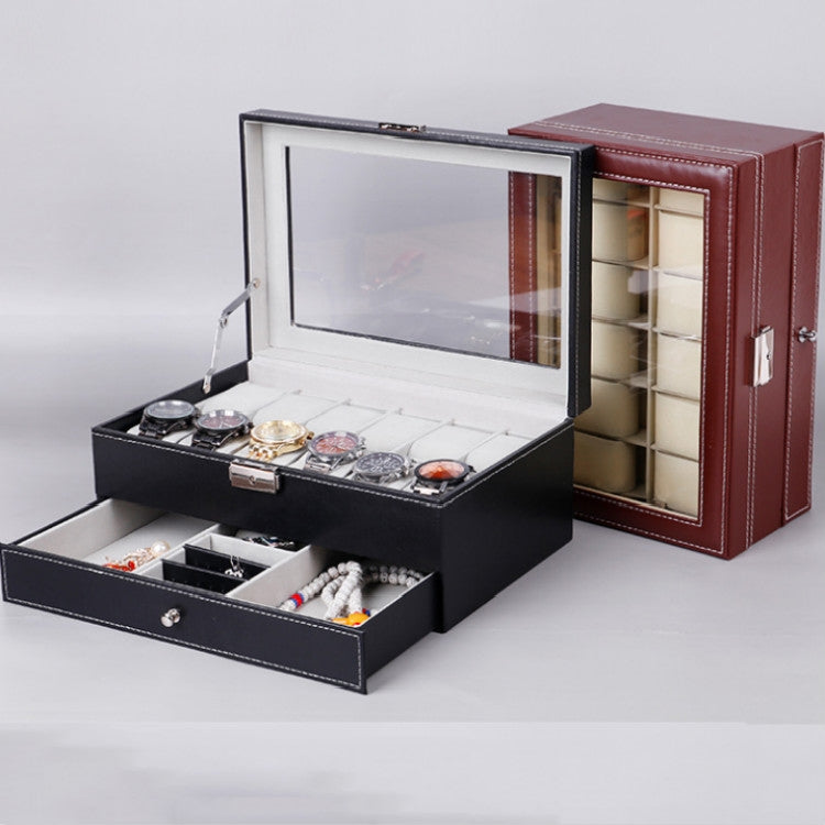 PU watch storage box with black base and brown side doors, open lid window