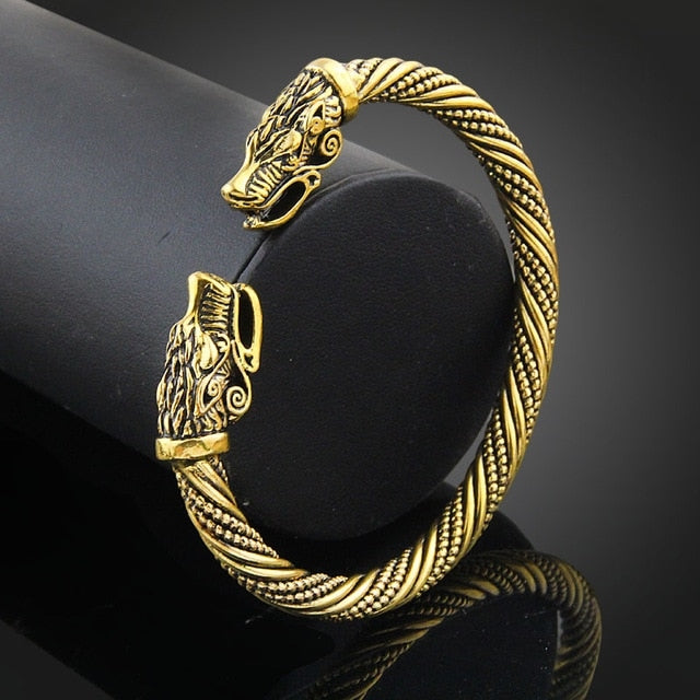 Men's wolf-head braided cuff bracelet, antique gold plated