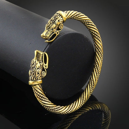 Men's wolf-head braided cuff bracelet, antique gold plated