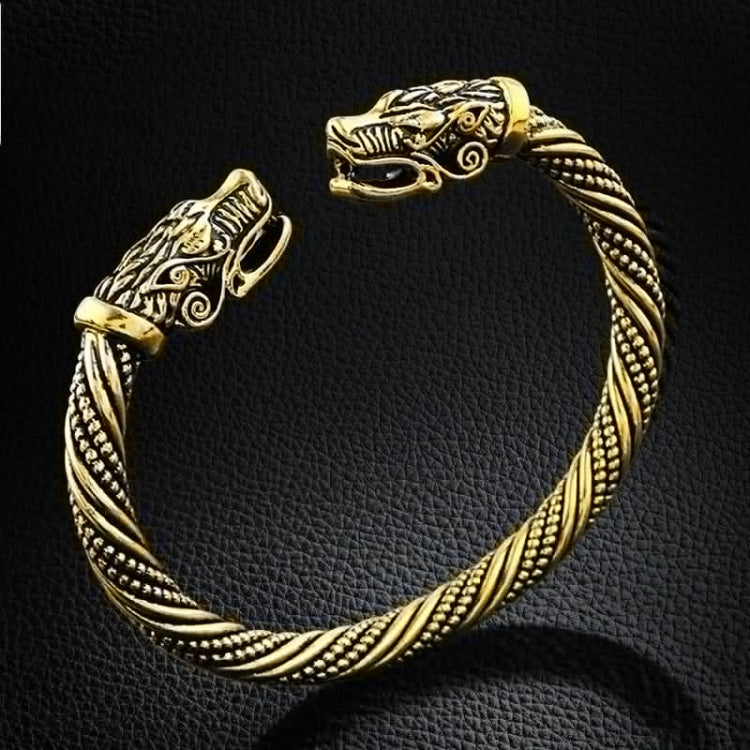 Men's wolf-head braided cuff bracelet, antique gold plated