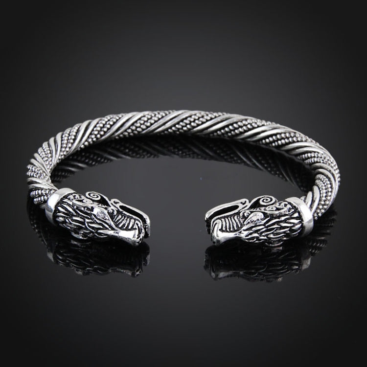 Men's wolf-head braided cuff bracelet, antique silver plated
