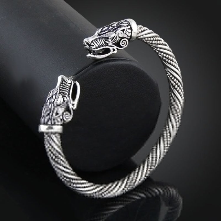 Men's wolf-head braided cuff bracelet, antique silver plated