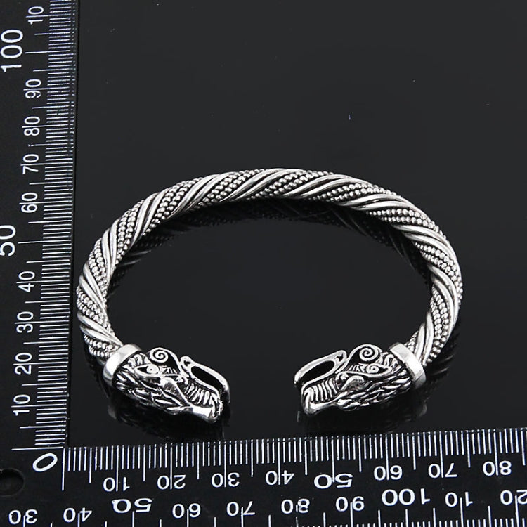 Men's wolf-head braided cuff bracelet with sizing rulers, antique silver plated